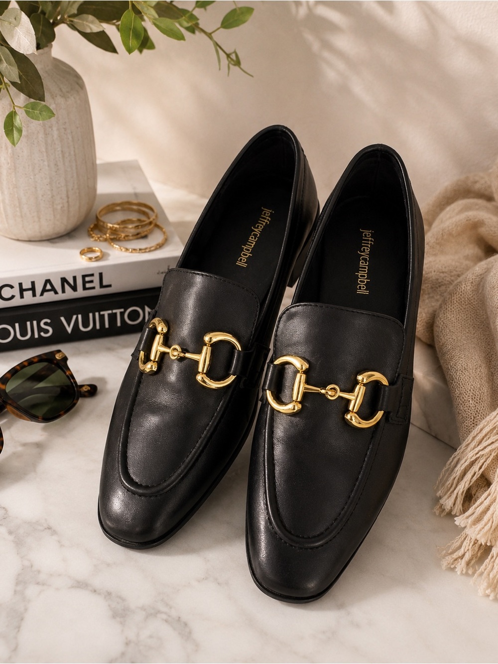 Jeffrey Campbell Black Leather Horsebit Loafers Gold Hardware Size 7.5